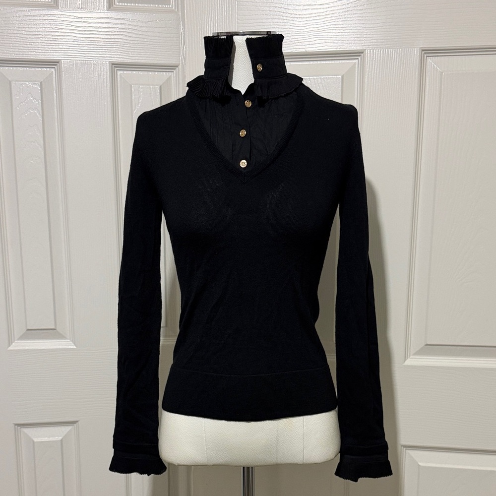 Tory Burch Removable Ruffle Collar Button-Up Knit Lightweight Wool Sweater